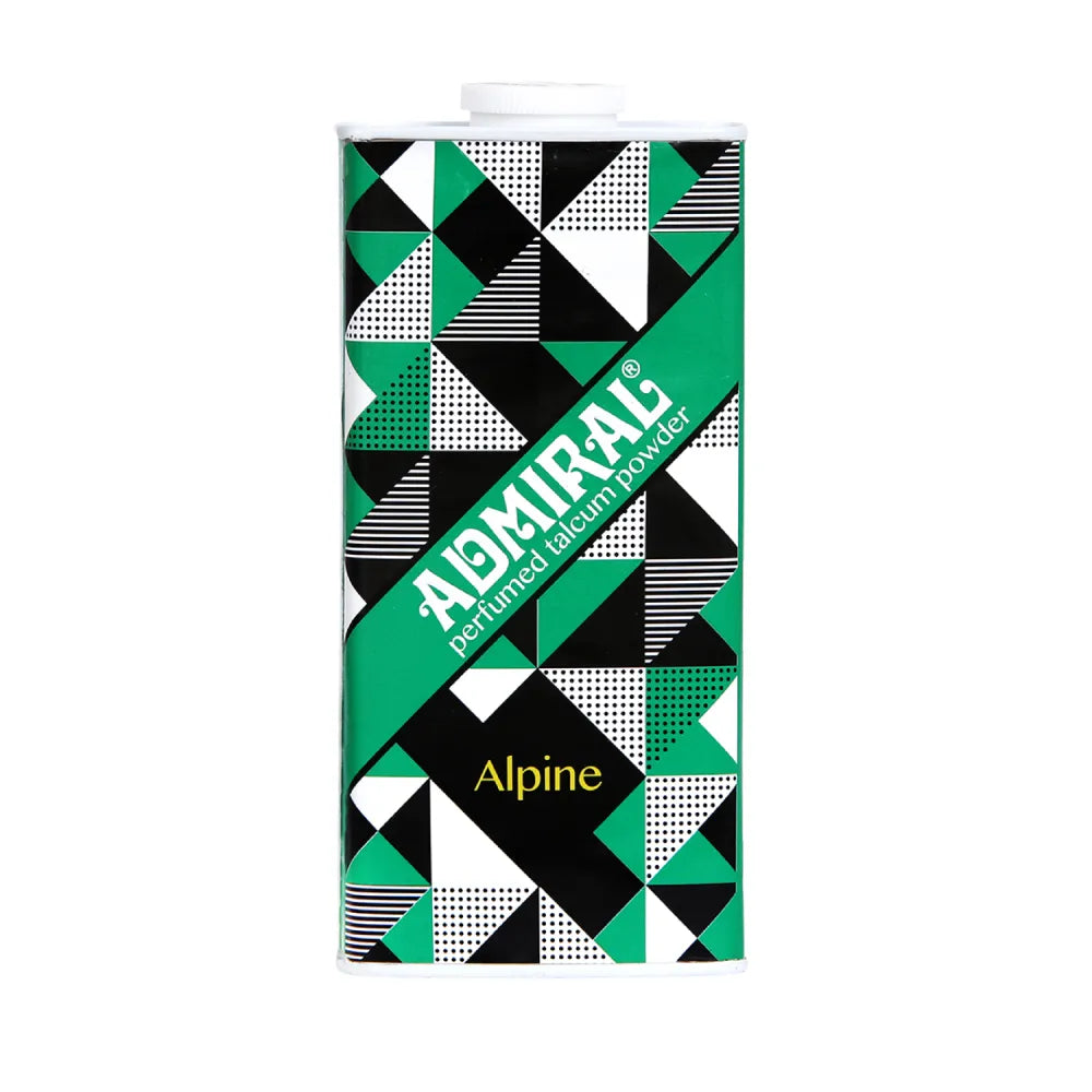 Admiral Alpine Perfumed Talcum Powder tin with green geometric pattern