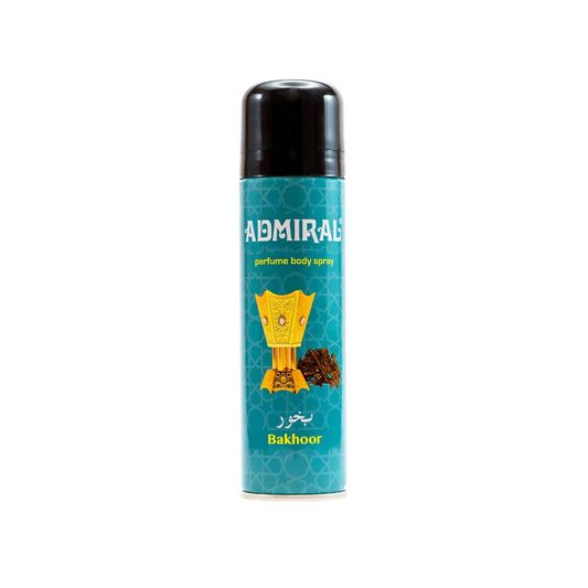 Admiral Bakhoor Perfume Body Spray turquoise aerosol can with incense burner artwork
