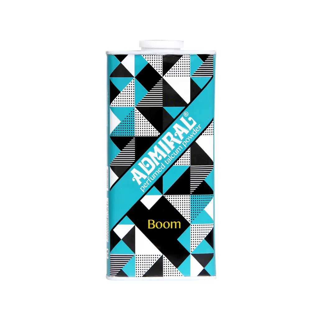 Admiral Boom Perfumed Talcum Powder tin with cyan geometric pattern