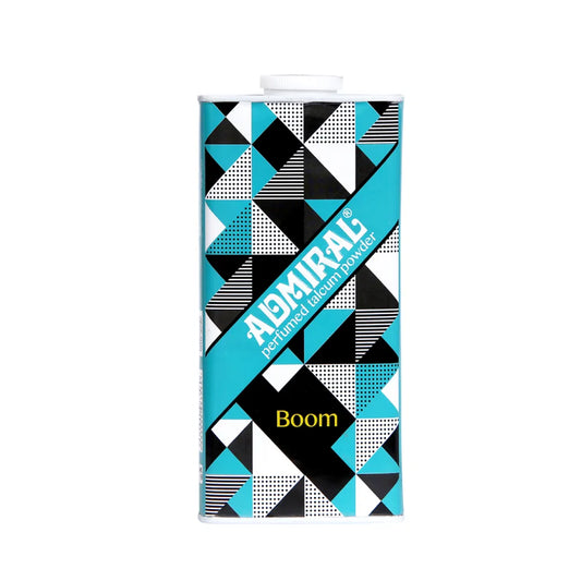 Admiral Boom Perfumed Talcum Powder tin with cyan geometric pattern