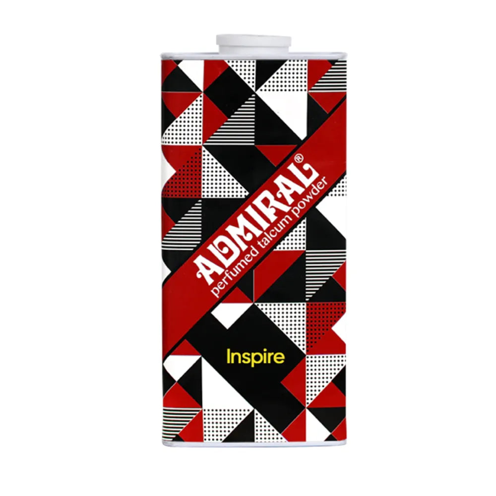 Admiral Inspire Perfumed Talcum Powder tin with red geometric pattern