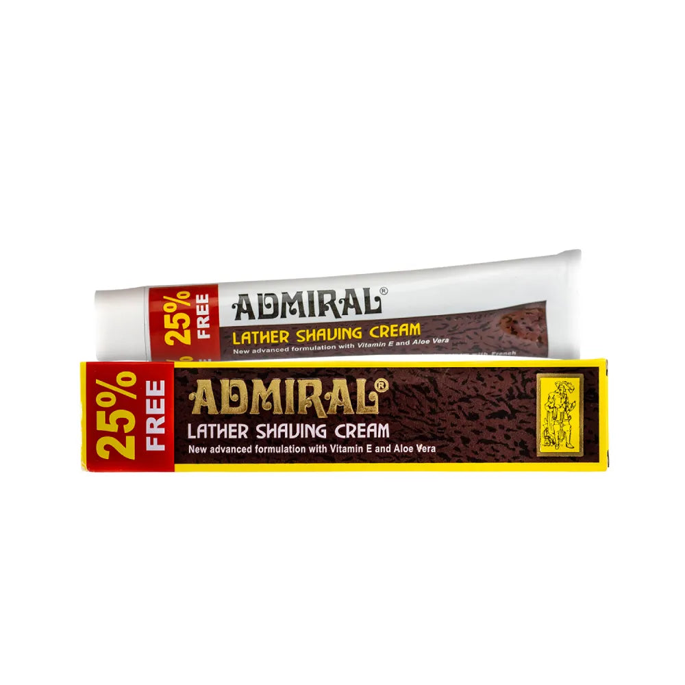 Admiral Lather Shaving Cream tube and brown box with 25% free offer