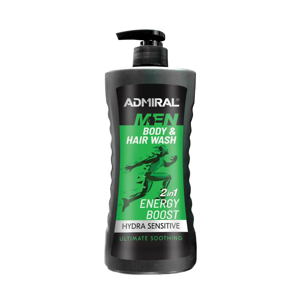 Admiral Men Energy Boost 2in1 Body and Hair Wash black pump bottle with green label