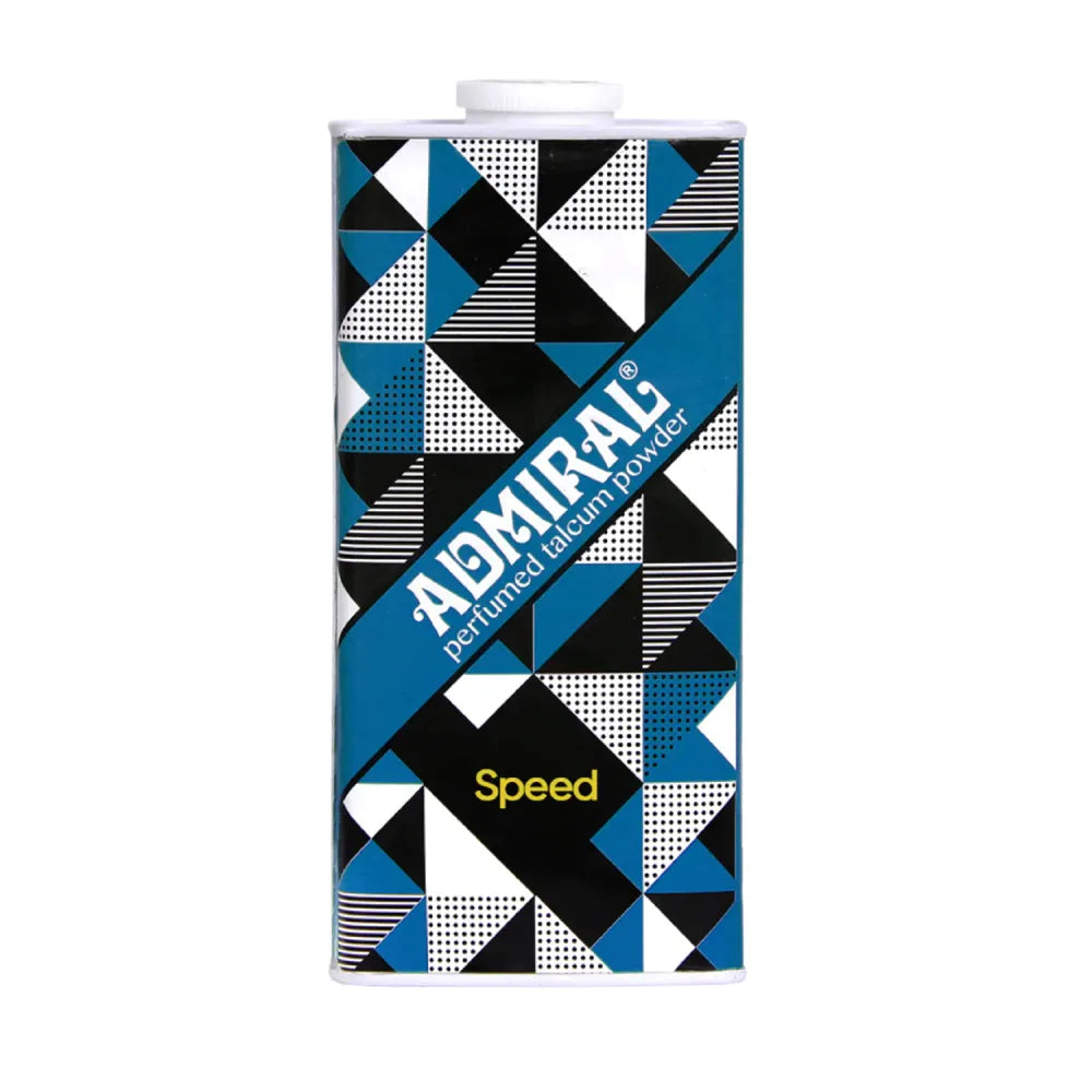 Admiral Speed Perfumed Talcum Powder tin with blue geometric pattern