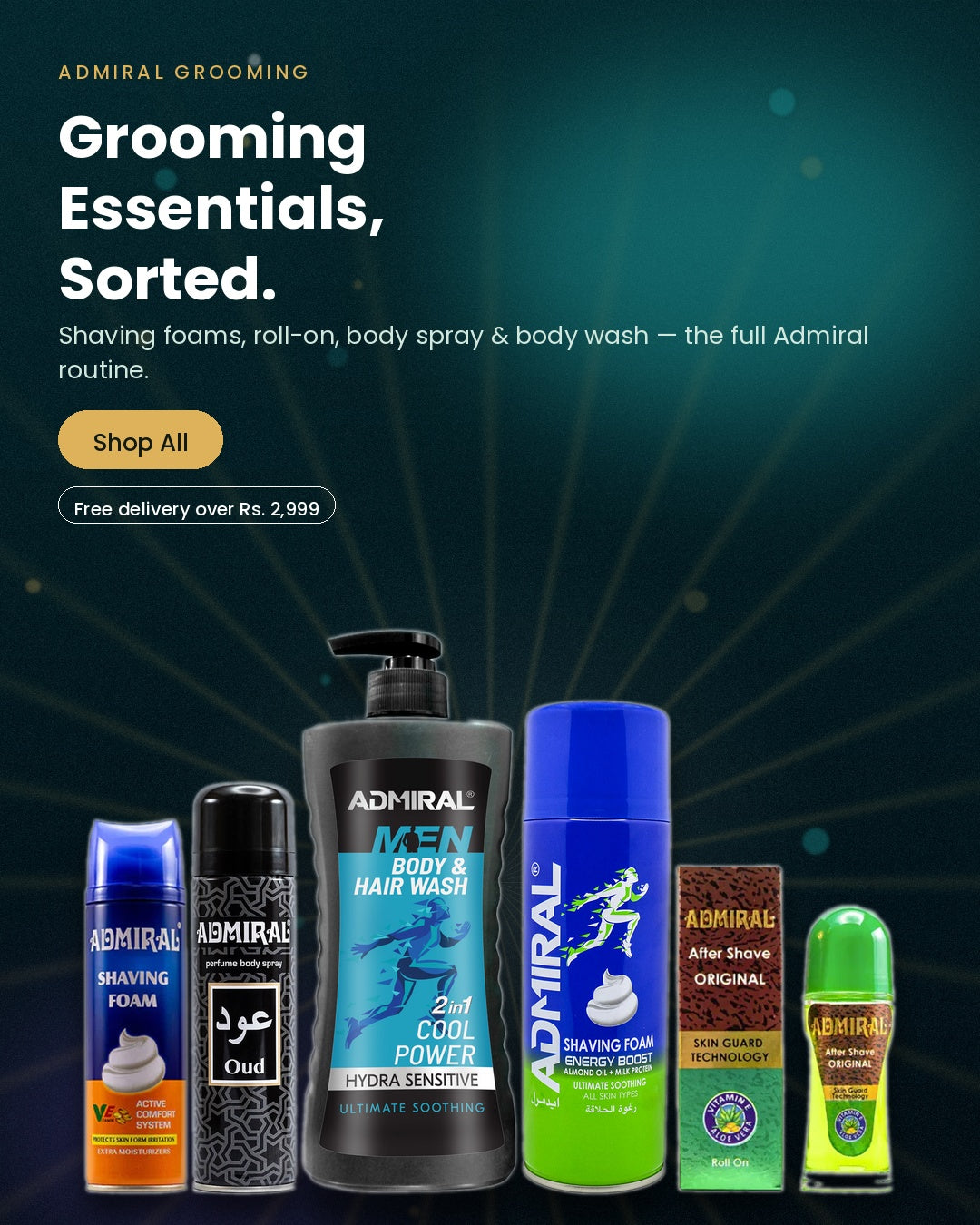 Admiral grooming essentials — shaving foam, body spray, after shave and body wash on a teal background