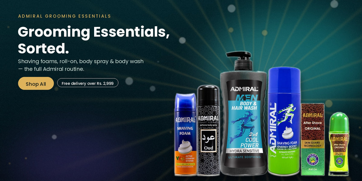 Admiral grooming essentials — shaving foam, body spray, after shave and body wash on a teal background